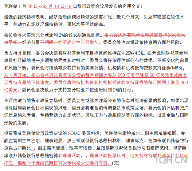 美联储3月18日-19日货币政策会议声明全文及近两次声明对比