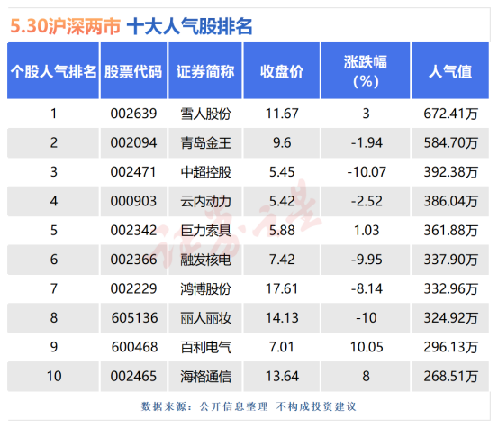 5月30日十大人气股：雪人股份盘中巨震
